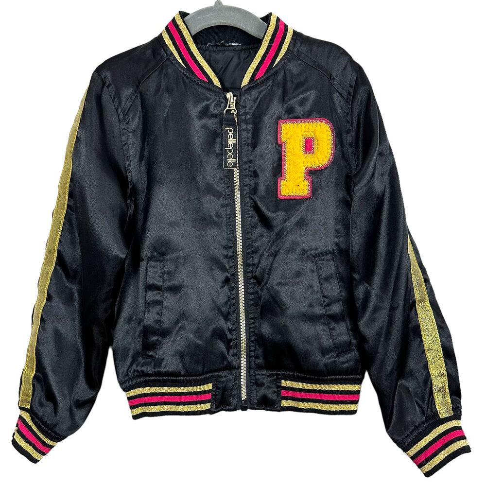 Pelle Pelle Black Satin Varsity Bomber Jacket Girls 4 4T Pink Orange Gold